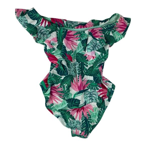 Matilda Jane womens medium Pink Green One Piece Swimsuit Ruffle tropical - Picture 3 of 9